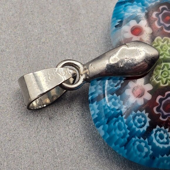 Murano Style Millefiori Glass Heart Pendant 1.25" Multicolor Floral 18k GF Bail - Picture 2 of 5